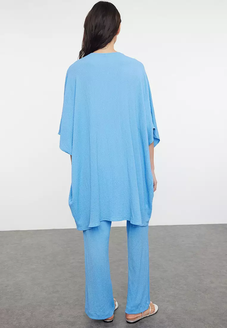 Blue Woven Wrap Kimono Pants Beach Set TBESS23AU00149