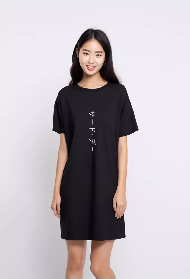 LTB52F Dress Kaos Casual Bold Katakana Vert Hitam