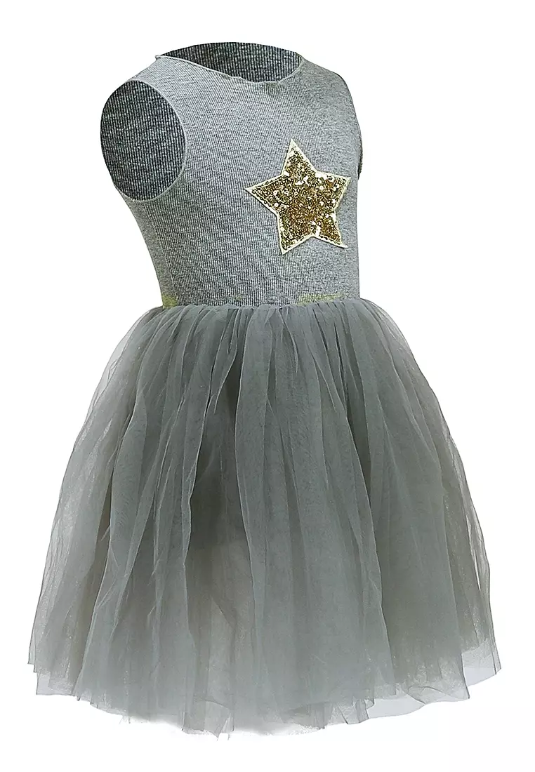 Bianca Dress Anak Perempuan Motif Bintang Gaun Desain Payet Sleeveless Material Cotton ORIGINAL - Gray