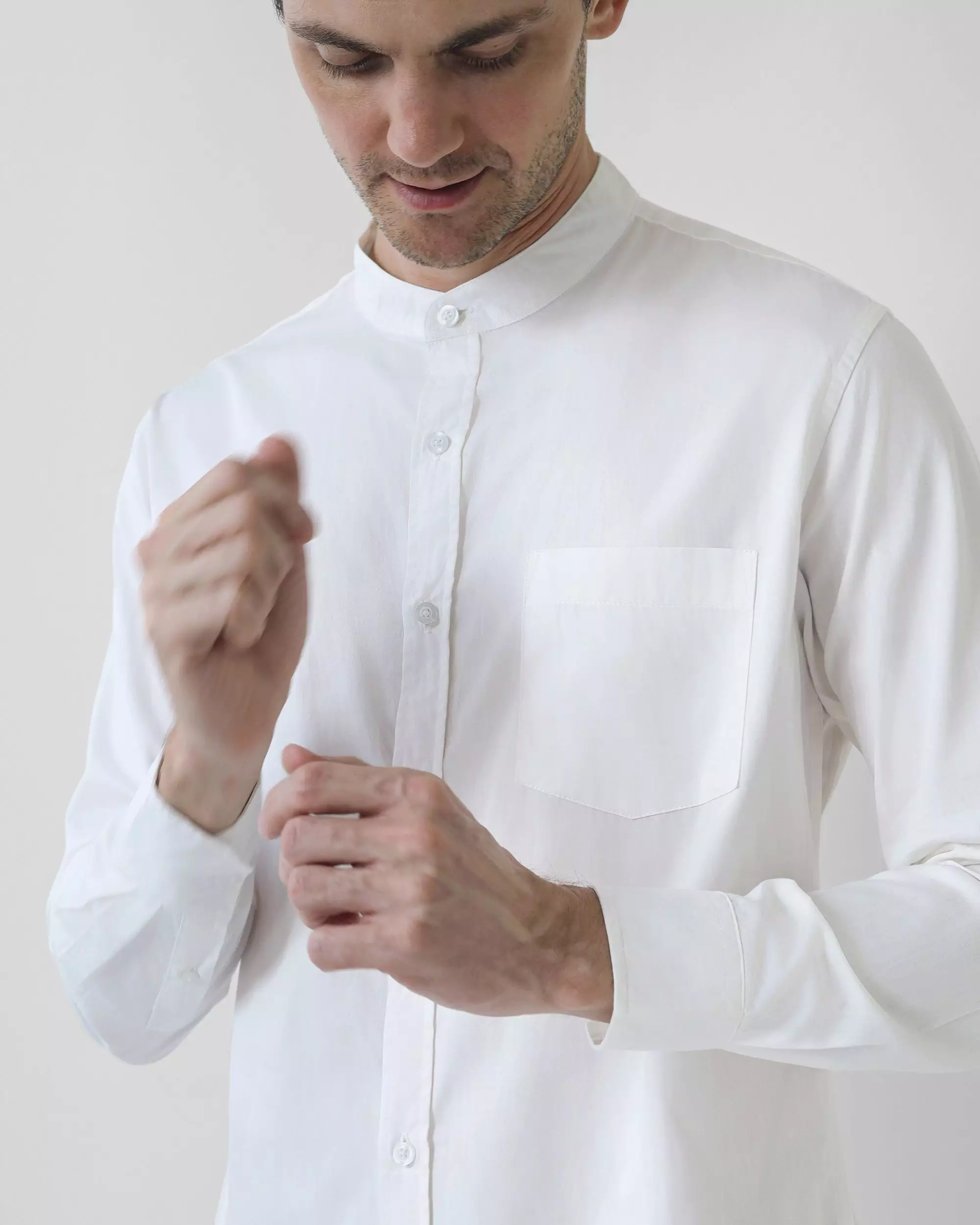 Cotton Well Badr Stand Collar Shirt White | Kemeja Koko Lengan Panjang Putih