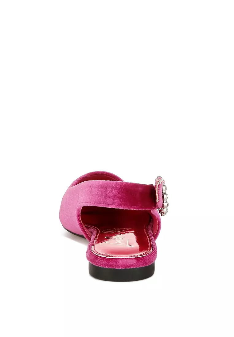 Velvet Slingback Flat Sandals in Fuchsia