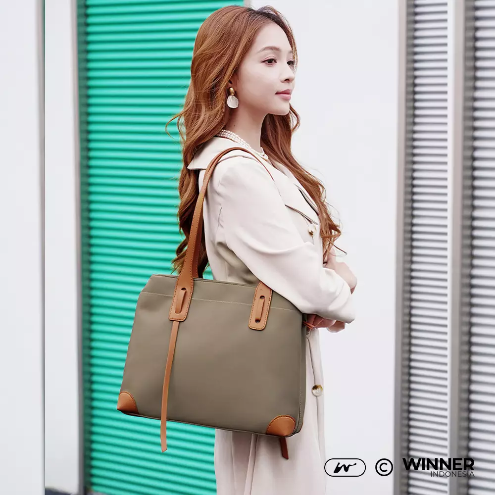 Tas Laptop 15,6 inch Bahu Nilon Oxford Wanita Korean Style Tote Bag Anti Air (T14-T10-002) - Khaki-Coklat 15,6 inch