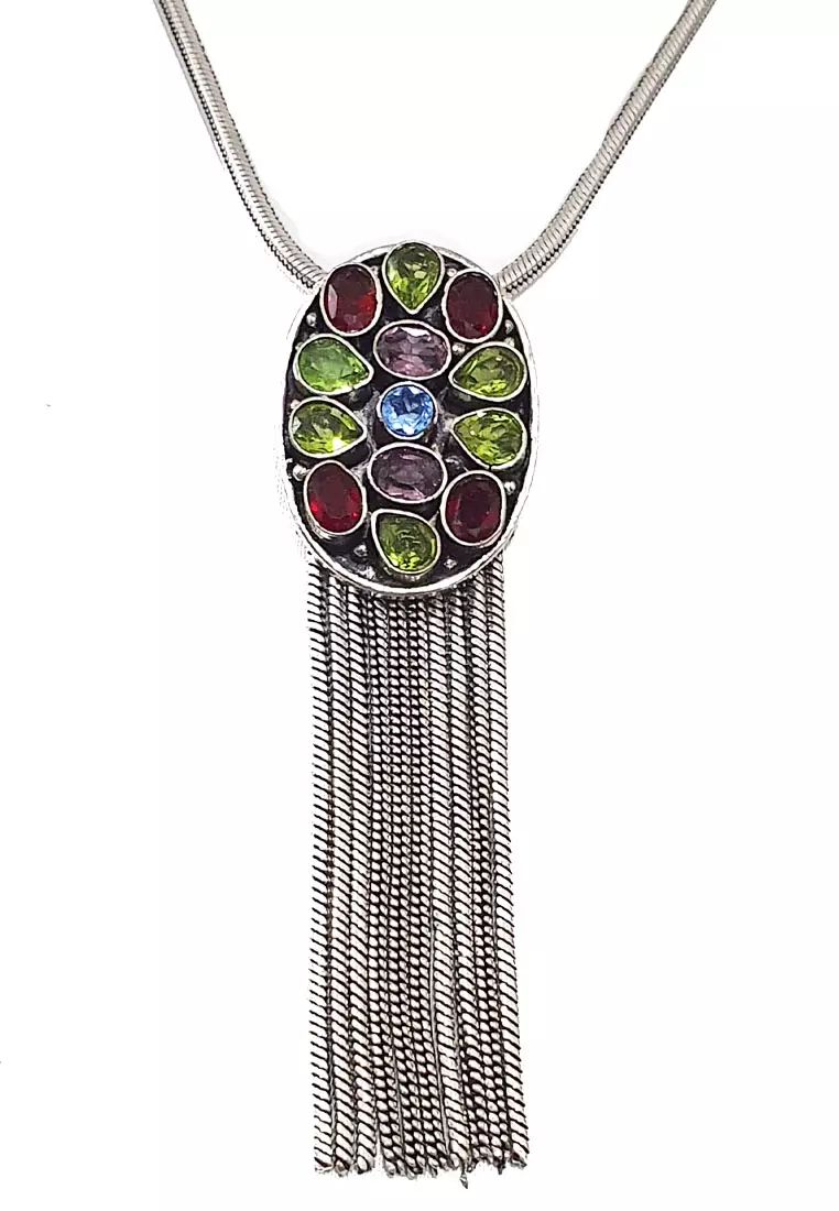 Oxidized Silver Gems Necklace Perak Bakar Kalung Wanita Batu Silver