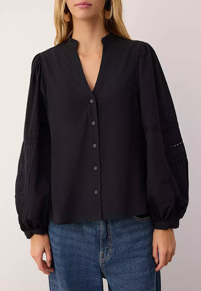 Black Sleeve Lace Stripe Detailed Boho Shirt