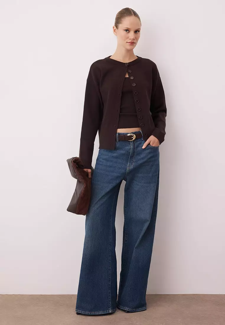 Brown 2-Piece Premium Yarn/Special Yarn Crew Neck Basic Knitwear Cardigan-Blouse Set Twoaw26Hi124