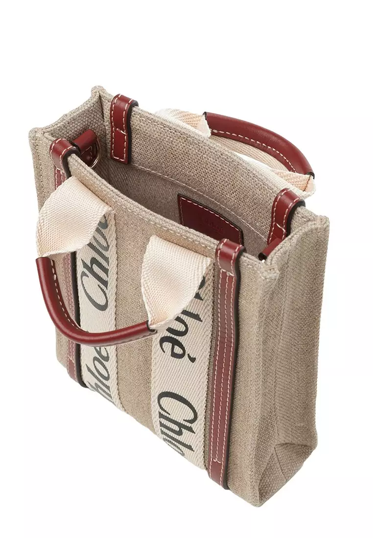 Mini Woody North South Tote Bag in White/Brown