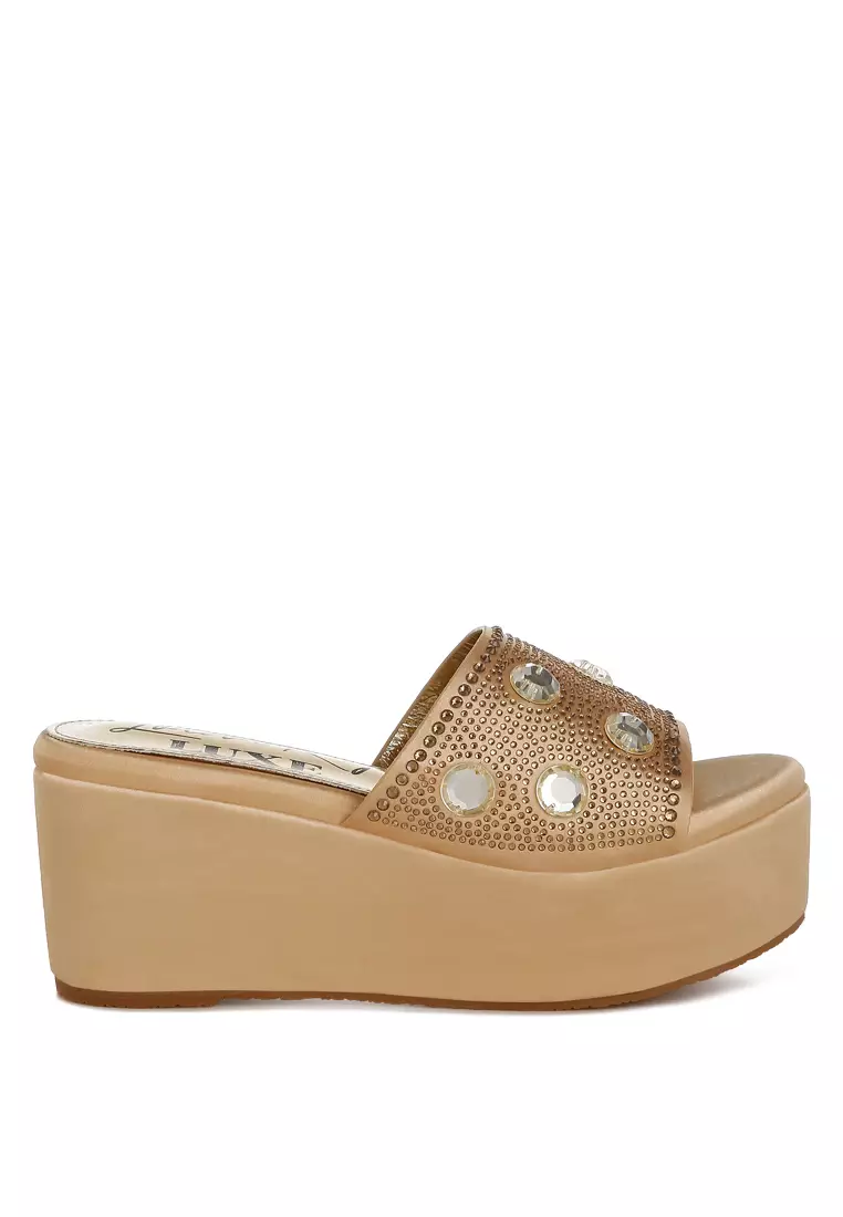 Discount on London Rag  shoes - SKU: Diamante & Rhinestone Flatform Sandals in Gold