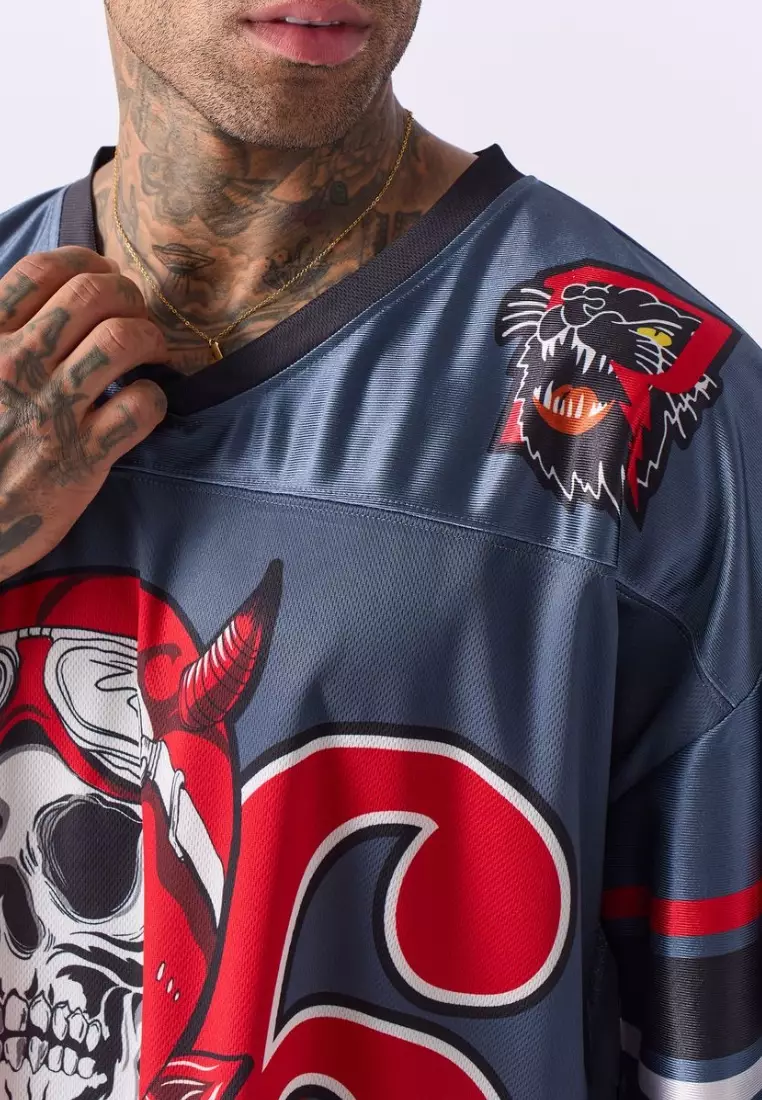 NYC Streetwear - 66 Skull American Football Jersey - Grey, Red