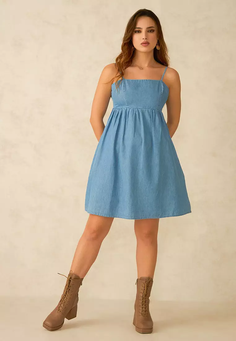 VIRGIO 100% Cotton Smocking Light Blue Mini Dress