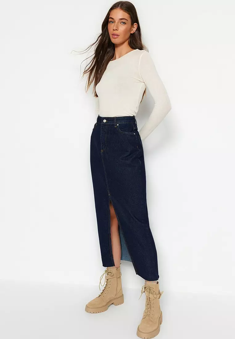 Dark Blue More Sustainable Slit Maxi Denim Skirt TWOSS23ET00290