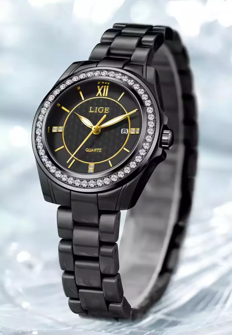 Ladies Alloy Quartz Watch, 32mm , Paved with Crystals, Ceramic Bracelet
