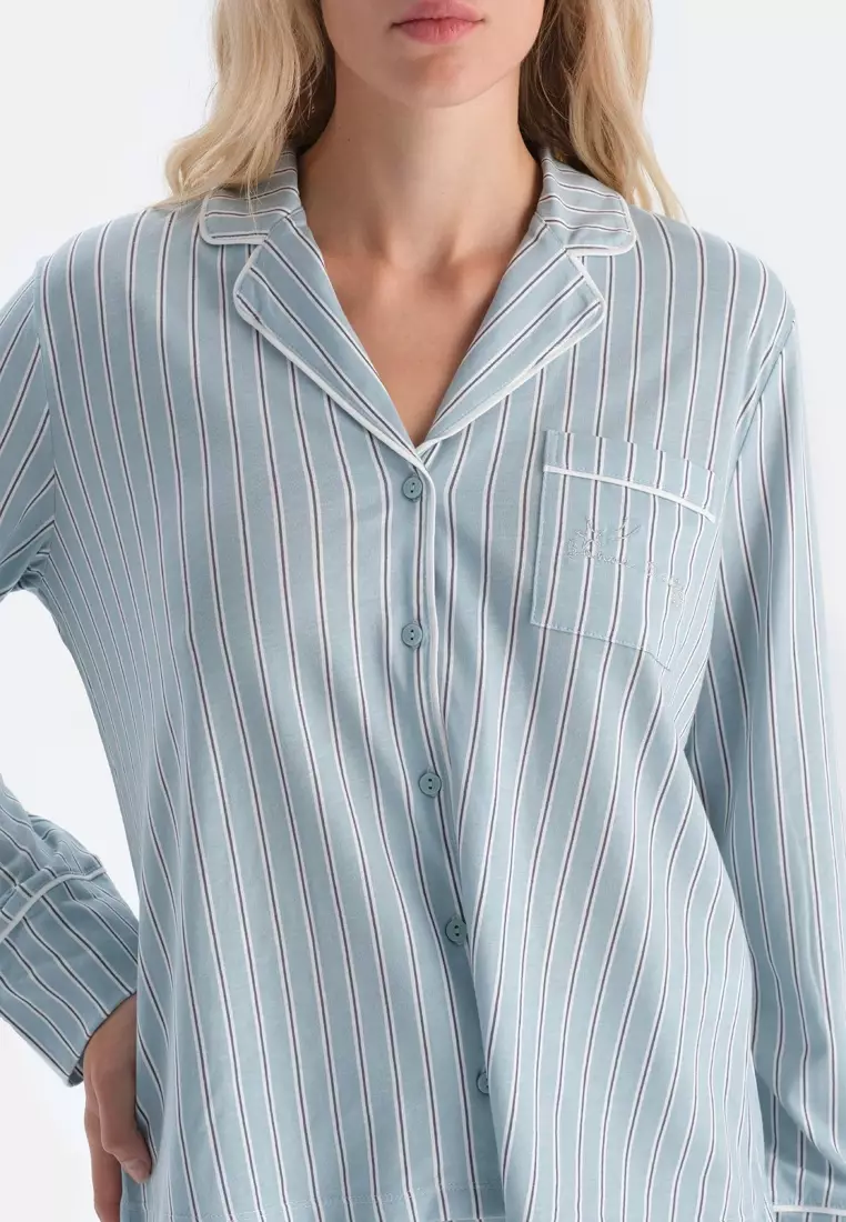 Light Blue Shirt & Trousers Set, Striped, Regular Fit, Long Sleeve Sleepwear for Women