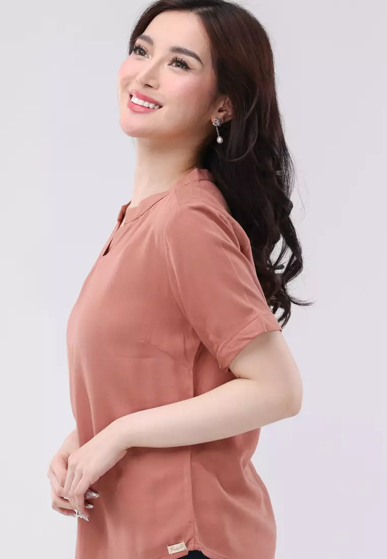 Bold Twill Chinese Collar Short Sleeves Blouse