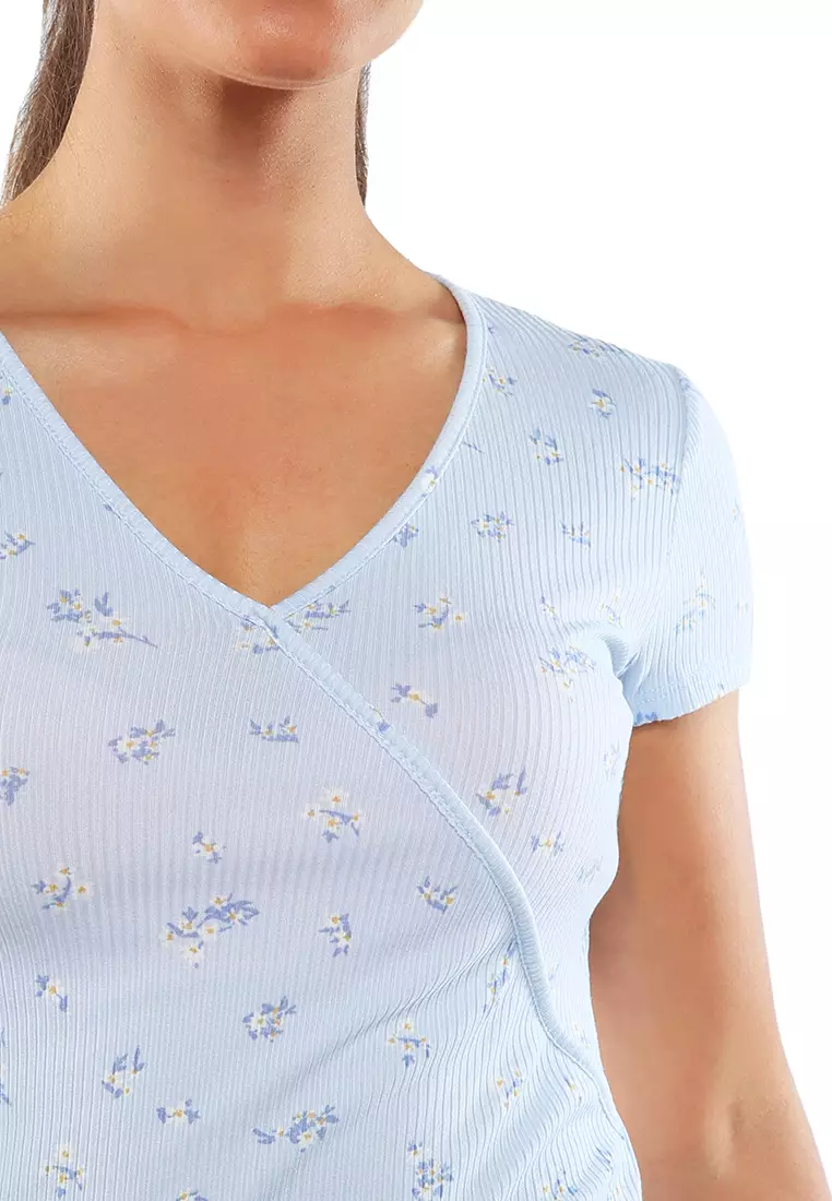 Surplice Neck Casual Summer Top in Blue