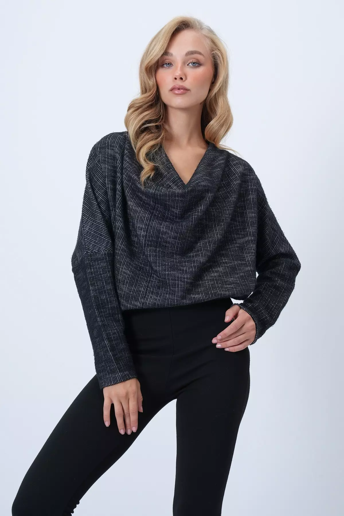 Women's Anthracite Cowl Collar Wide Cut Knitted Blouse Alc-X13126
