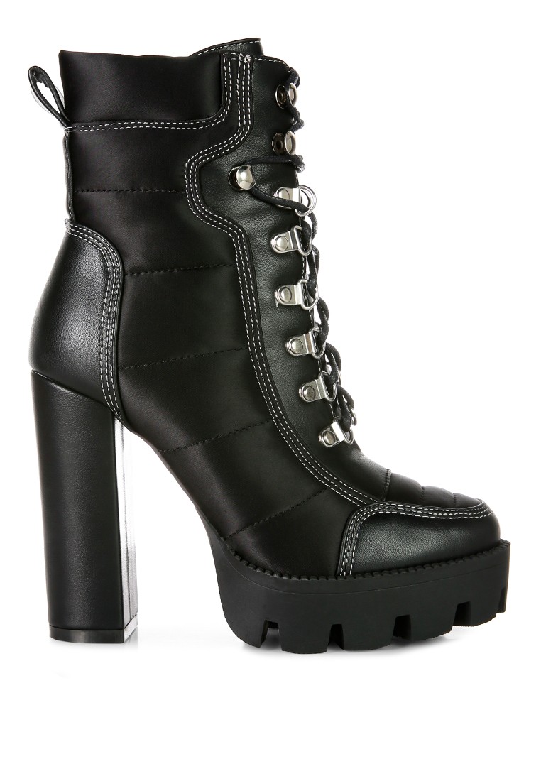 Black High Heel Quilted Satin Biker Boots