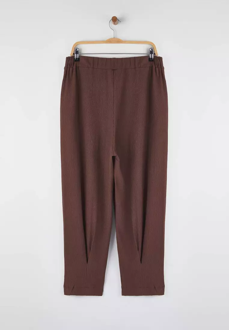 Brown Carrot Fit Elastic Waist Knitted Plus Size Trousers