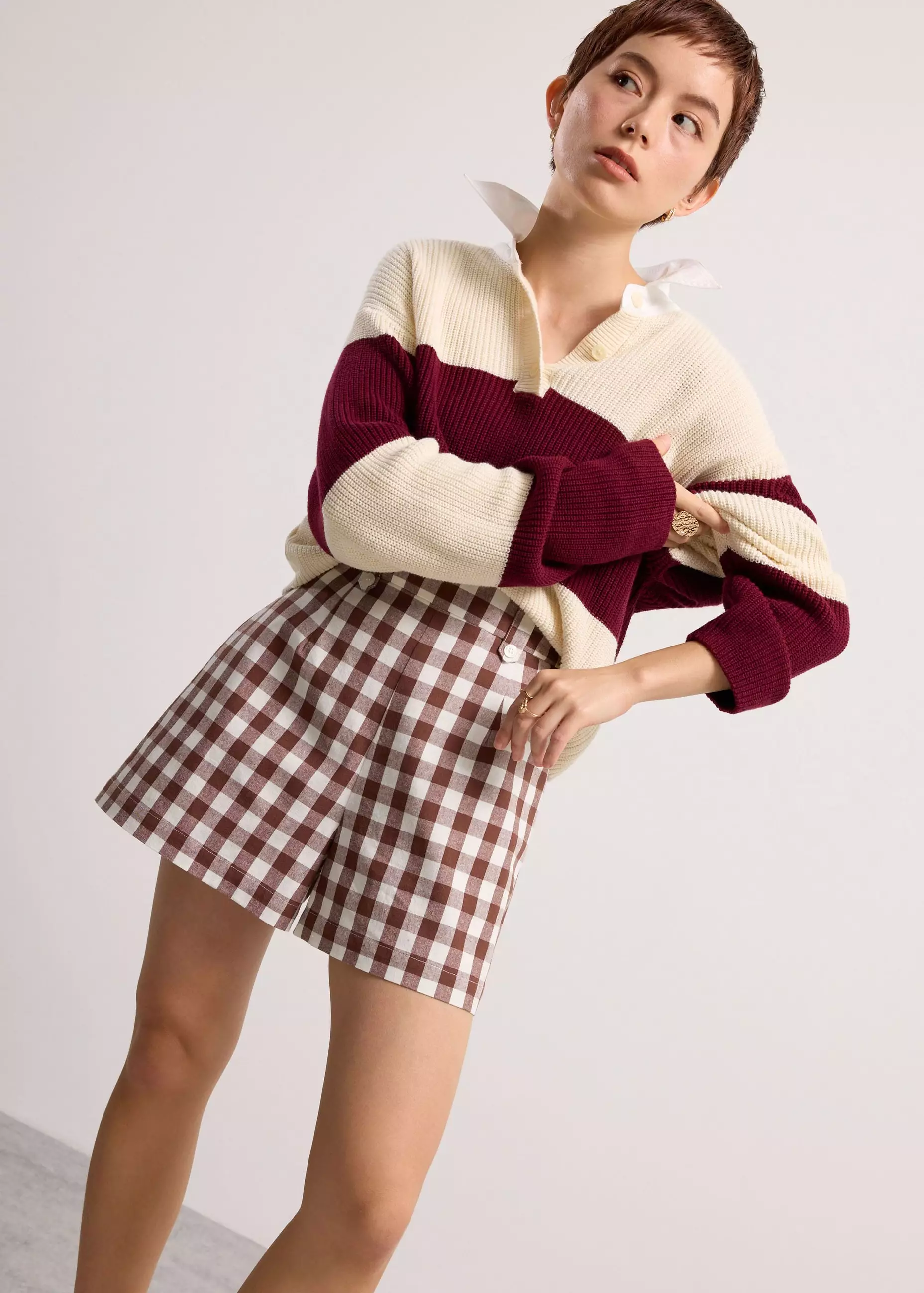 Celana Pendek Wanita - Gingham Cotton High Waist A-line Shorts