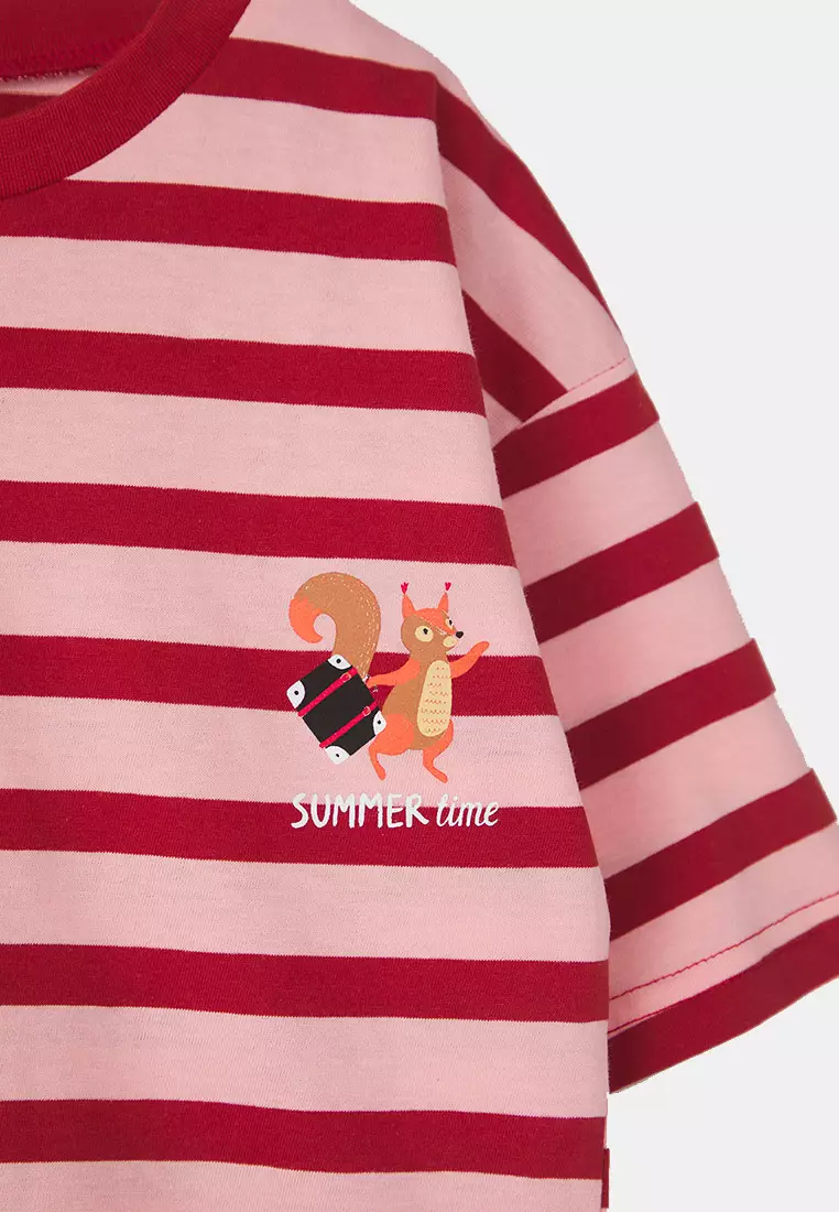 Unisex Burgundy Striped Oversize T-Shirt - 100% Cotton, Short Sleeve, Printed Tkdss25Ts00037