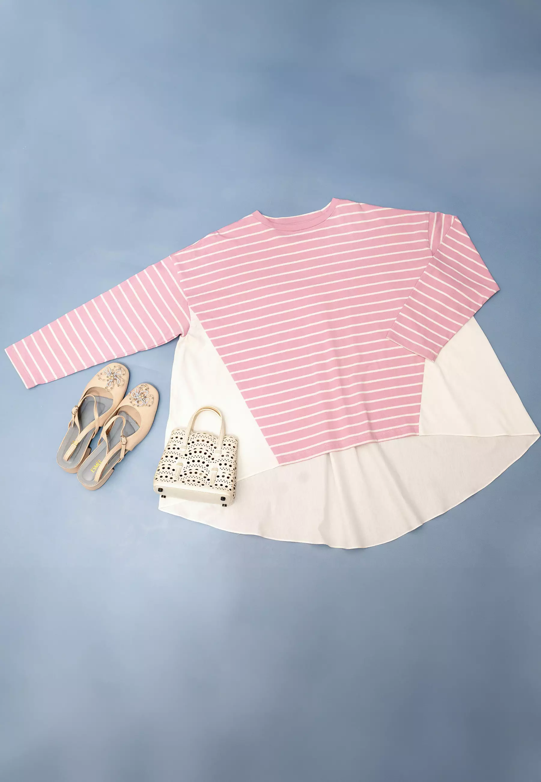 HijabChic Athaya Dusty Pink and White Top - Atasan Kaos Stripe Simple Daily Katun Lembut Oversize