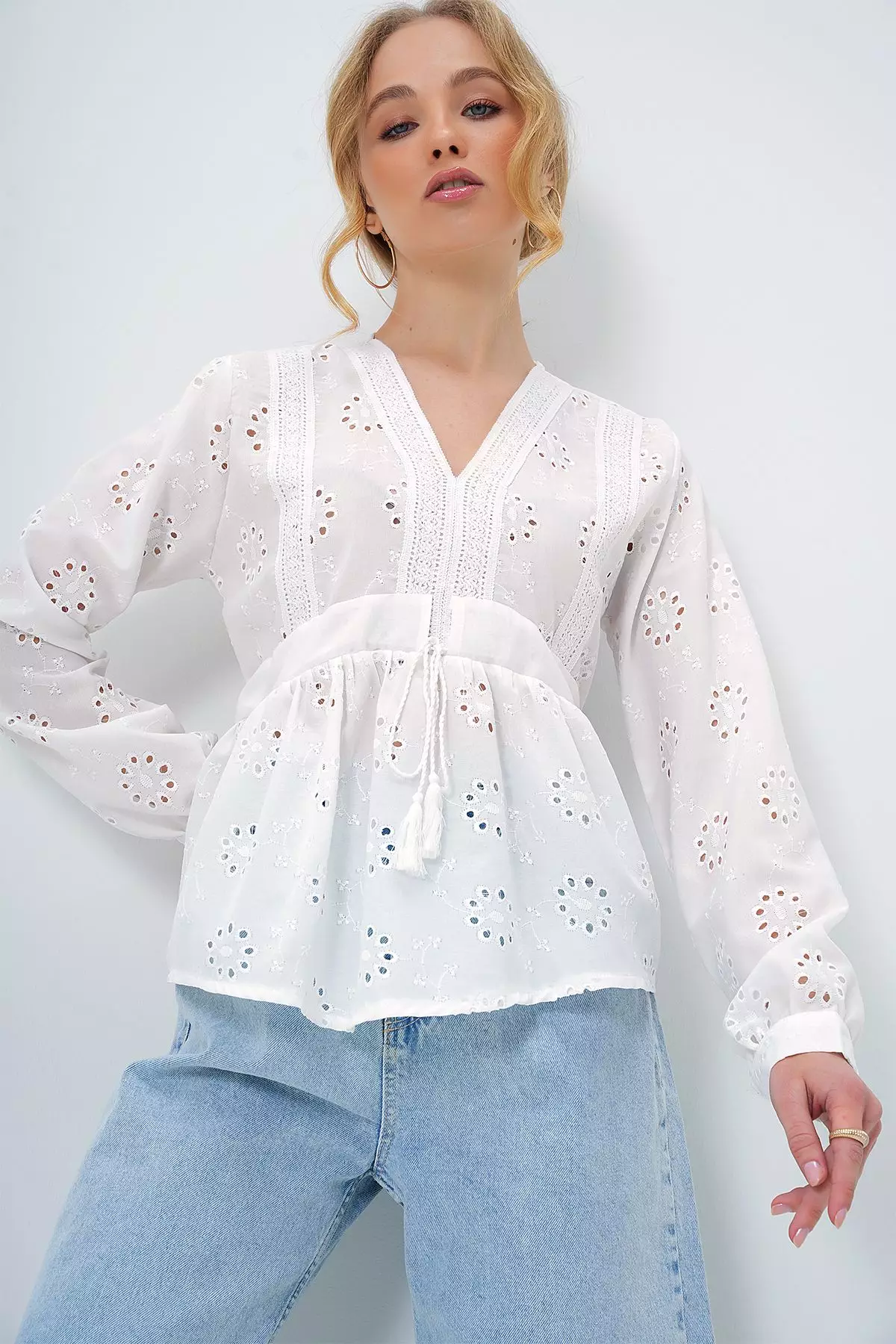 Women's White V Neck Tie Detailed Embroidered Weaving Blouse
