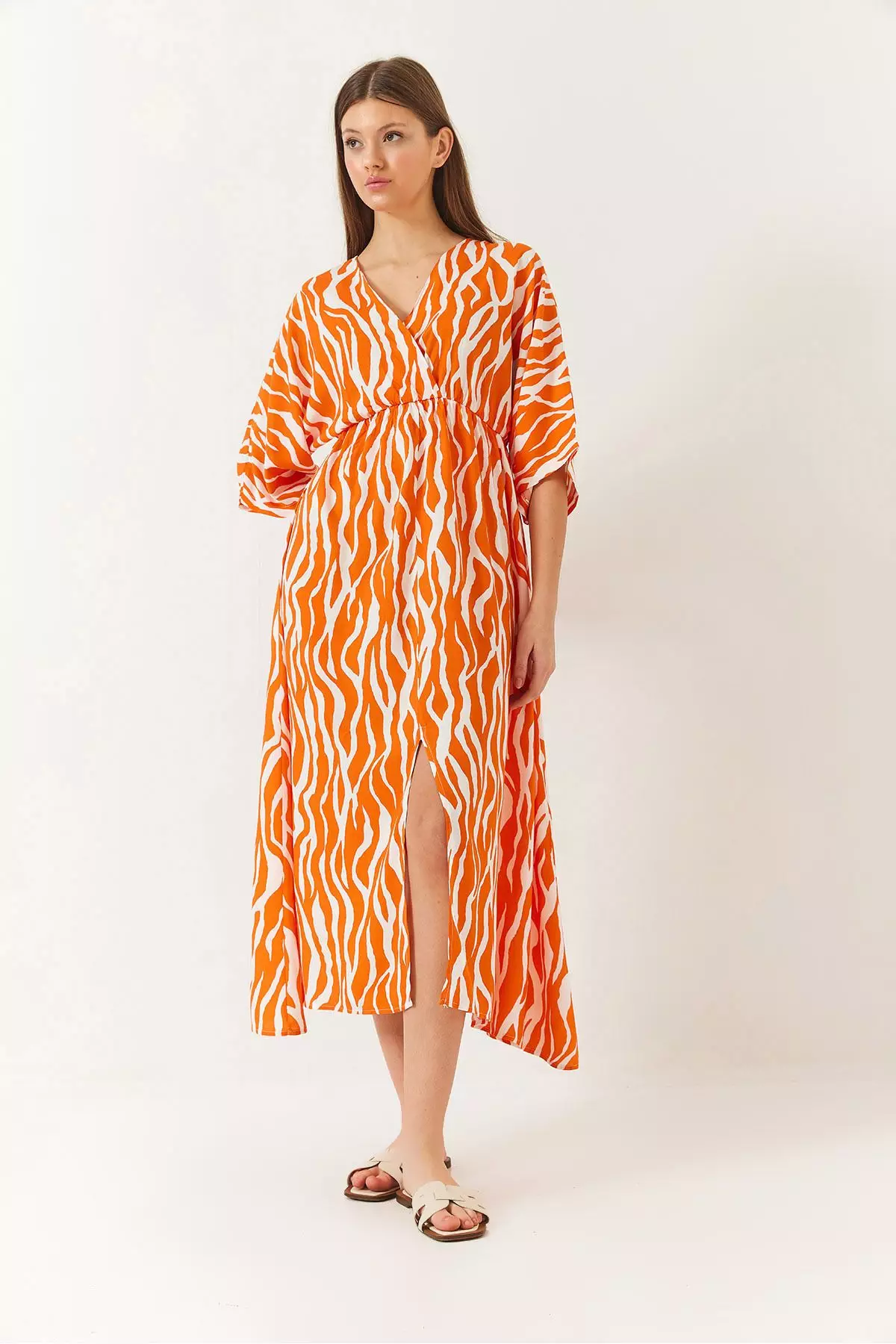 Women's Double Breasted V Neck Front Slit Detail Print Dress 60261411