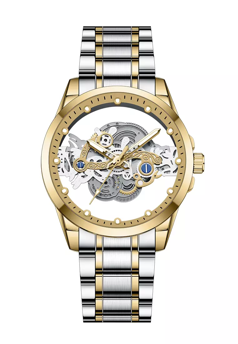 Jam Tangan Pria HD Luminous Function Hollow Dial Tali Stainless Steel Anti Air Jam Tangan Cowok silver gold