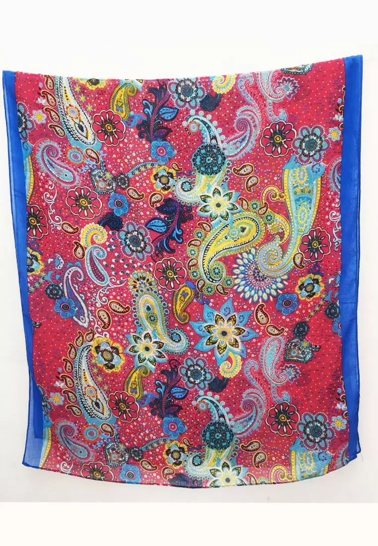 Aksesoris Syal Wanita Paisley Pattern Poly Printed Pashmina Scarf Pink & Blue