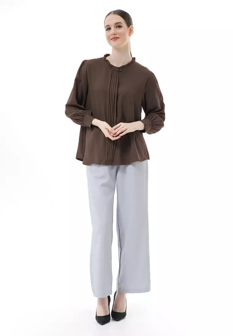 Vionka Kemeja Atasan Wanita Opnaisel Motif Polos - Brown