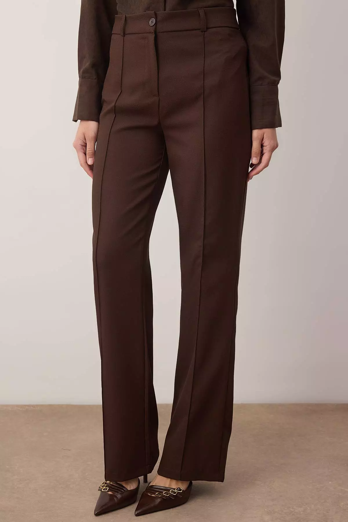 Dark Brown Straight/Straight Cut High Waist Ribbed Stitching Woven Trousers Twoss21Pl93