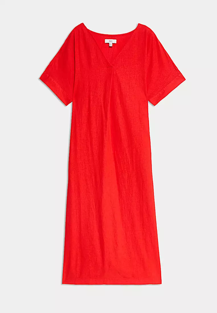 Linen Rich V-Neck Popover Midi Dress