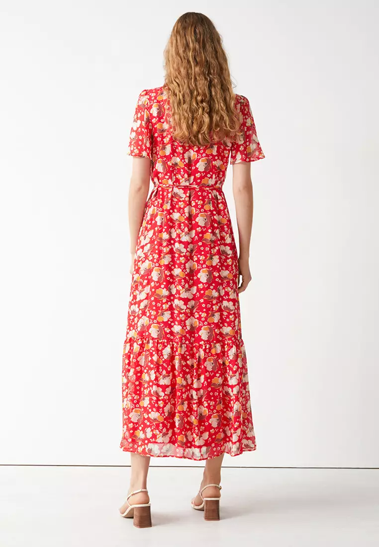 Red floral midi shop dress with sleeves