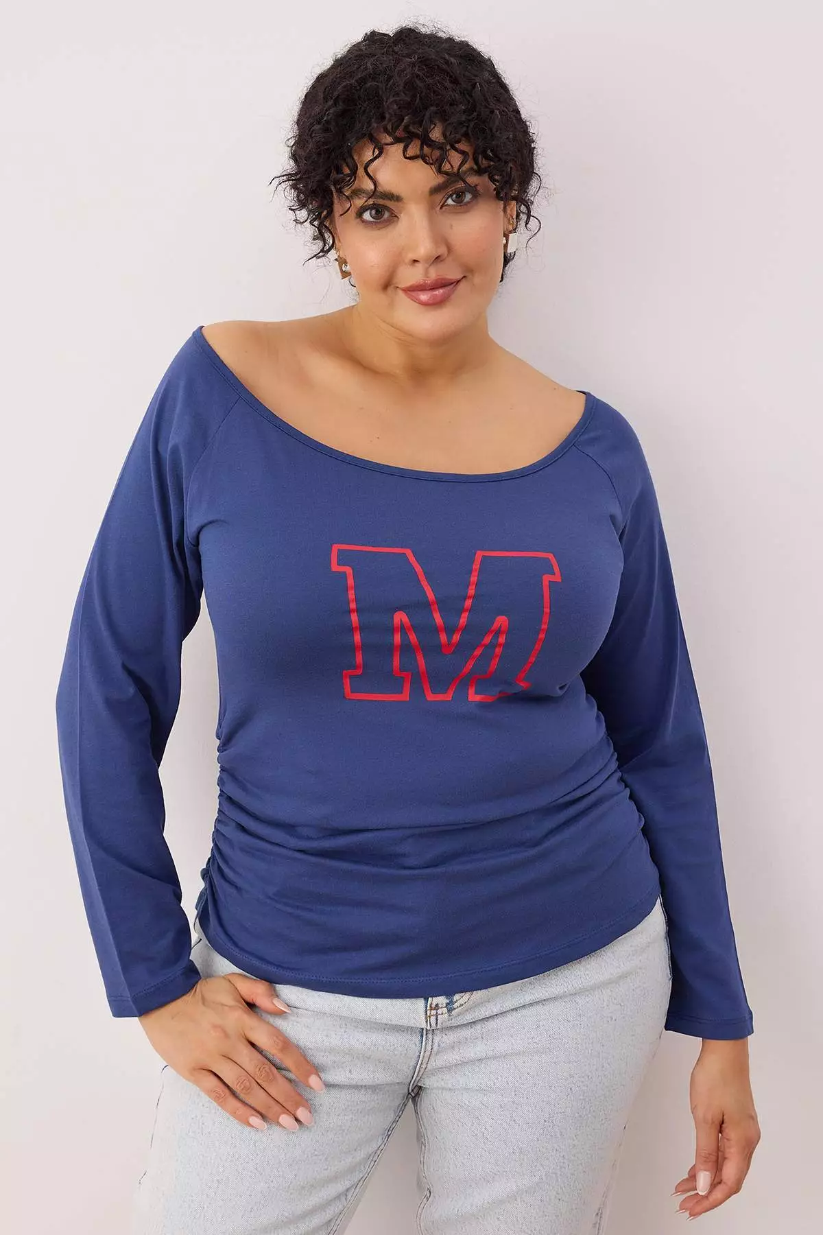 Navy Blue Open Shoulder Single Jersey Knitted Plus Size Blouse Tbbaw26Af00048