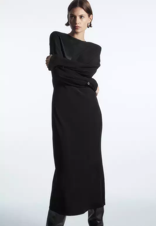 Power-Shoulder Satin-Panel Midi Dress