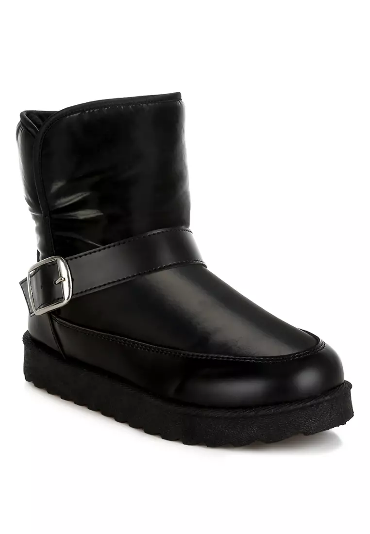 Buckle Strap Puffy Ankle Boots in Black