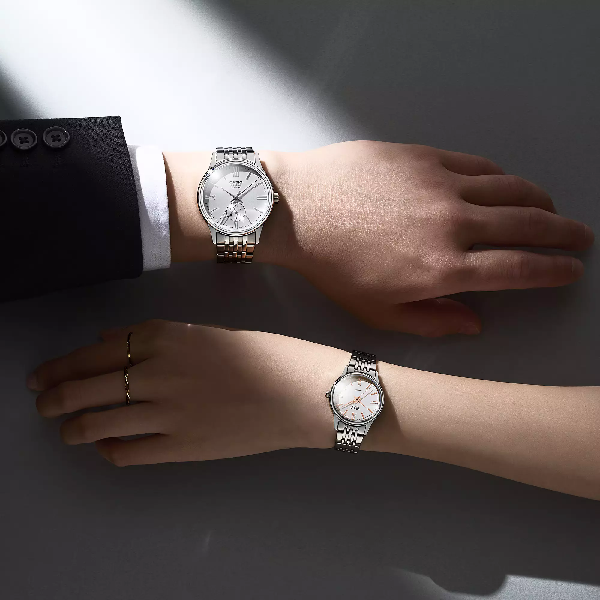 Casio Beside - Jam Tangan Analog Pria Sapphire Glass - White Dial - All Silver Stainless Steel - BMS-100D-7AV