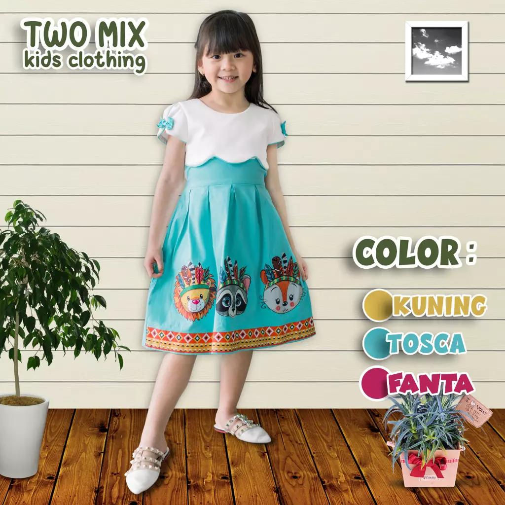 Two Mix Dress Anak Perempuan  - Gaun Anak Bahan Katun usia 1-12 tahun 4212 Fanta