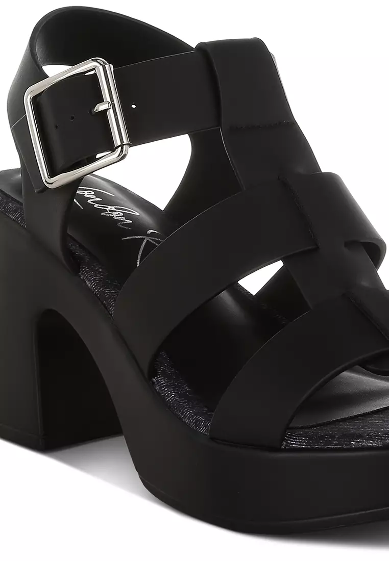 Chunky Pin Buckle Platform Heels in Black