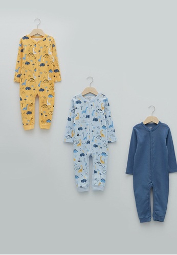 LC WAIKIKI blue Crew Neck Long Sleeve Printed Cotton Baby Boy Rompers 3-Pack C46ADKAFAA8259GS_1