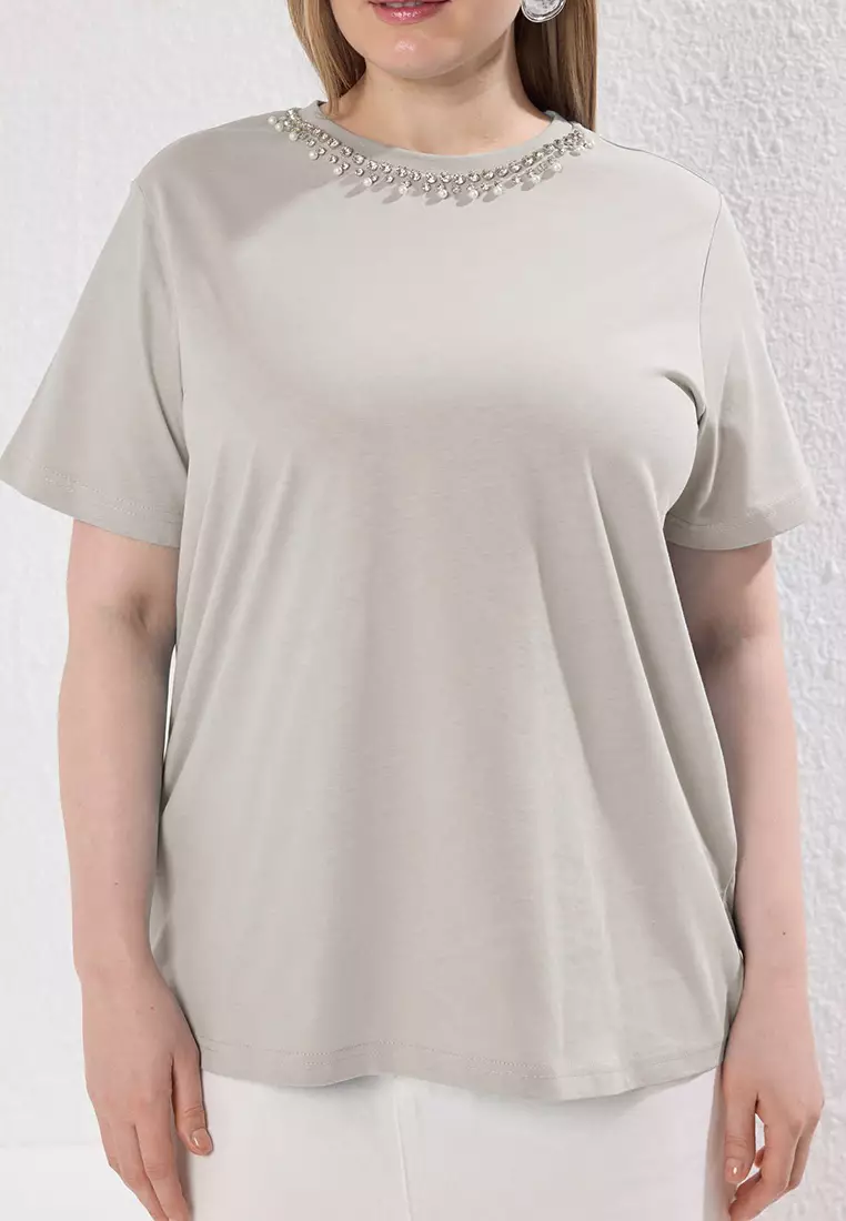 Stone Collar Stoned Boyfriend Fit 100% Cotton Knitted Plus Size T-Shirt Tbbss25Bf00021
