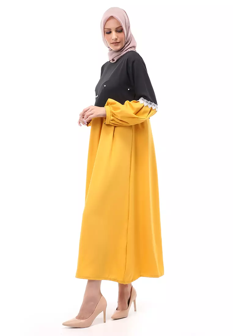 Sarinah Gamis Muslimah Panjang Atasan Wanita Motif Mutiara Regular Fit - Mustard