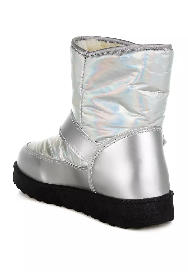 Buckle Strap Puffy Ankle Boots in Silver