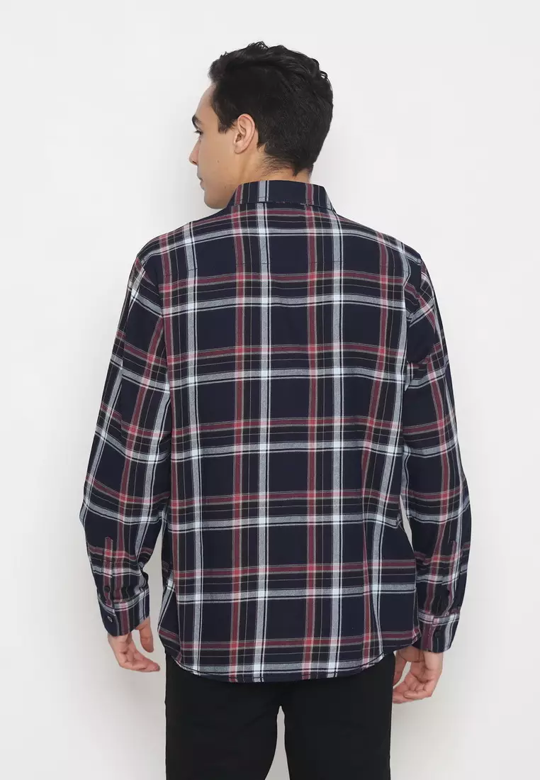 POLICE Kemeja Kotak Twill Merah Regular Fit Lengan Panjang Pria