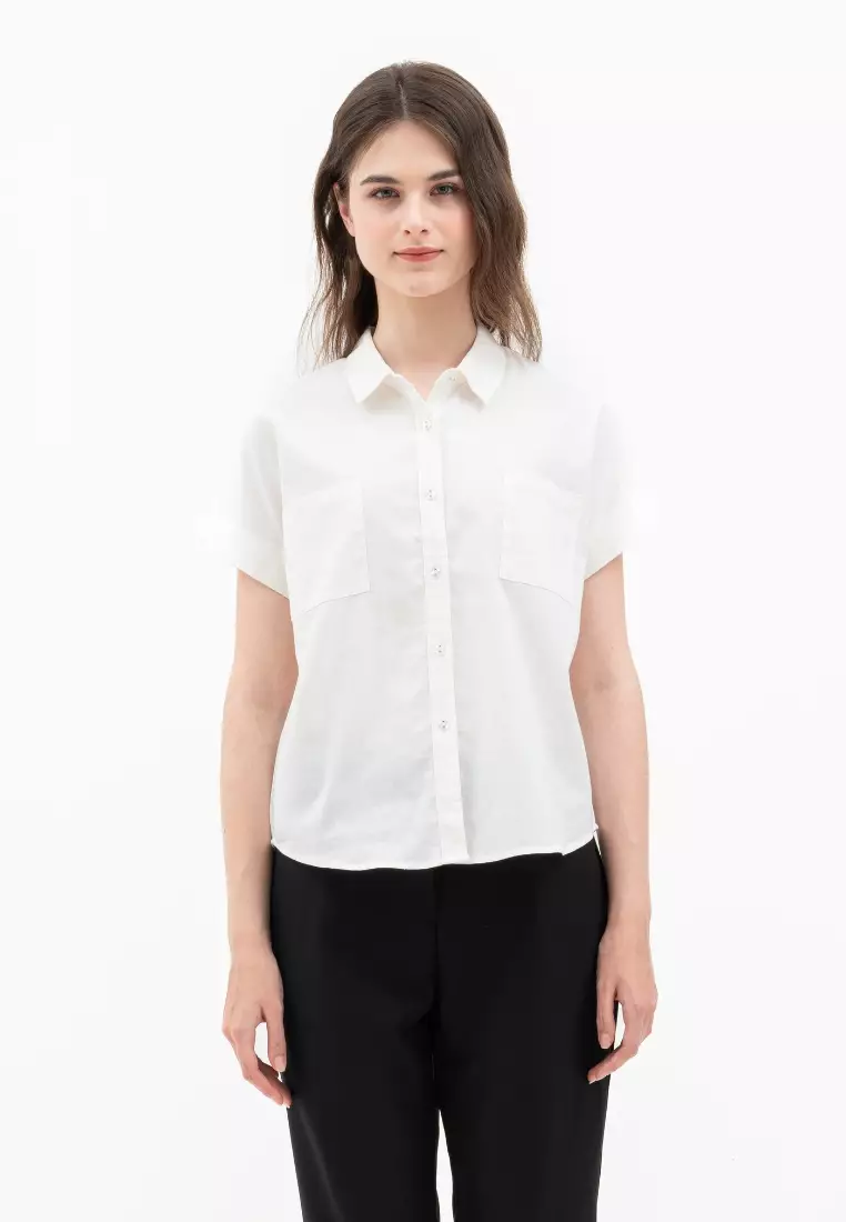 Urban Exchange Casandra Broken White Shirt - Tops Kemeja Basic Lengan Pendek Warna Broken wihte