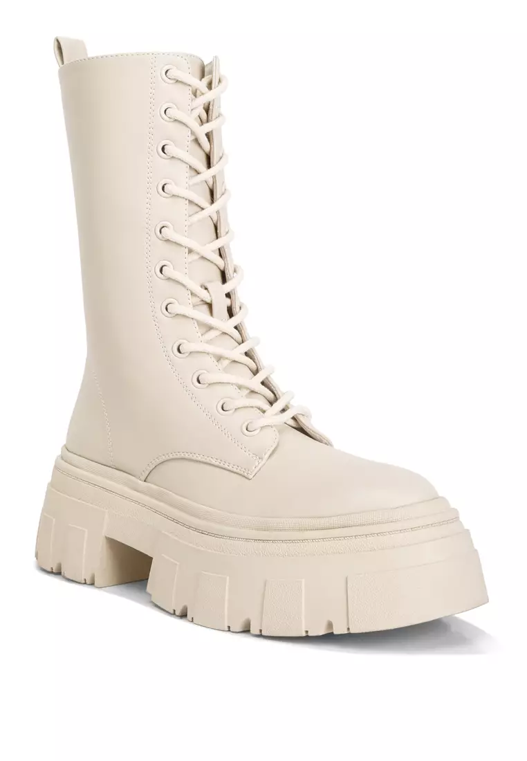 Jual London Rag Ecru Faux Leather Combat Chunky Boots Original 2025 ...