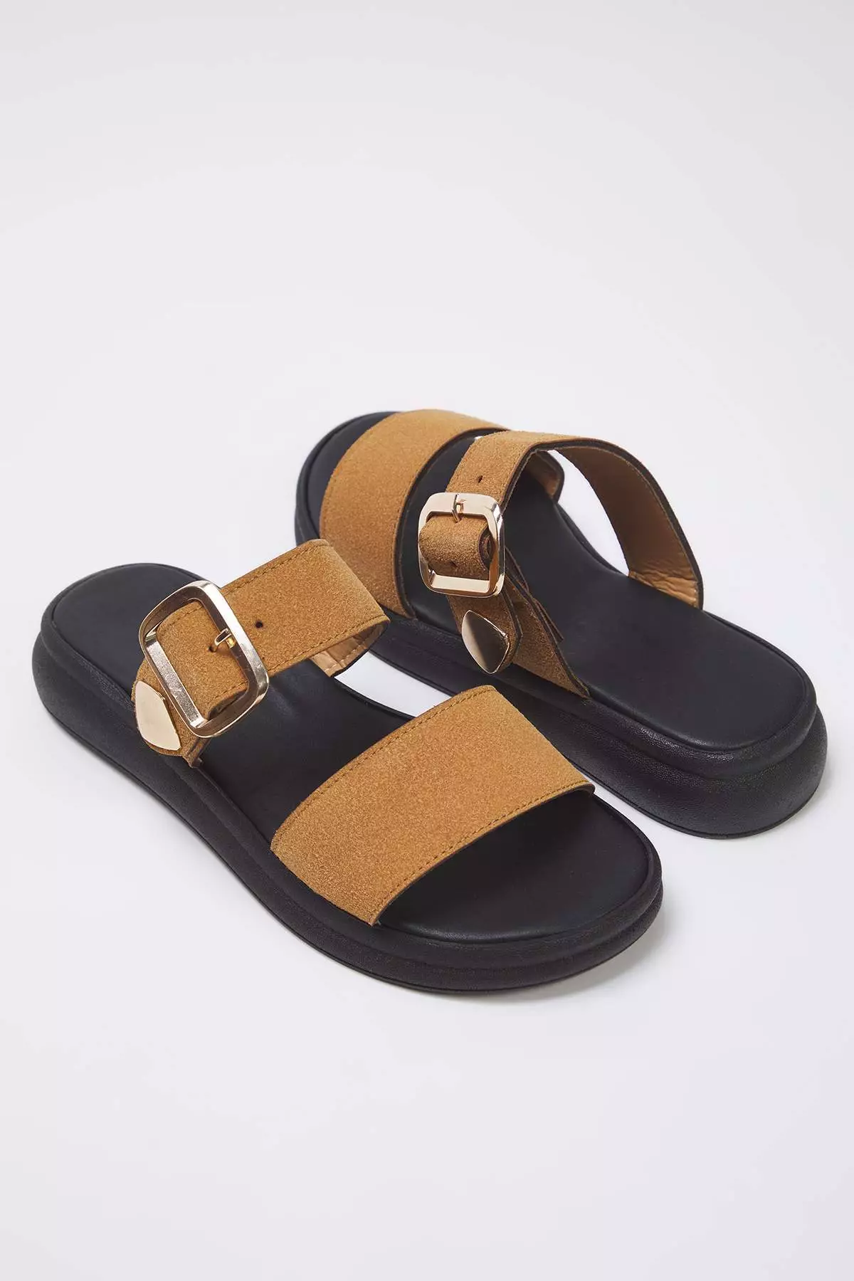 Camel Suede Gold Buckle Flat Women's Slippers Takss25Te00006