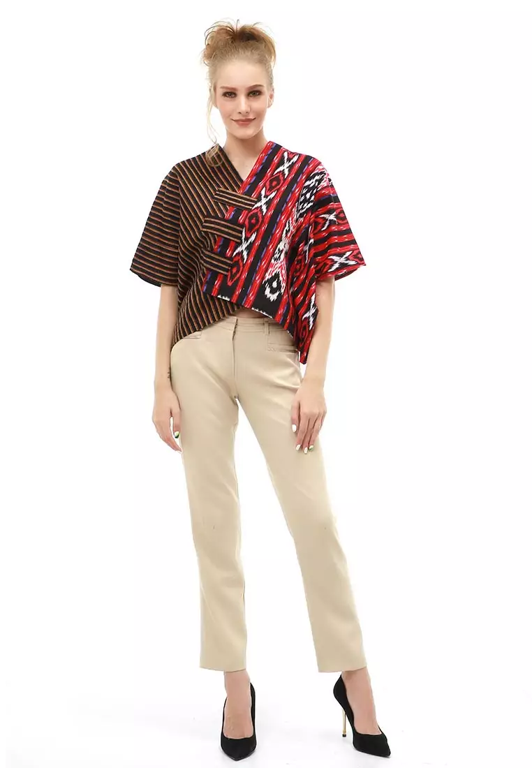 Lynelle Atasan Formal Wanita Blouse Crop Top Batik Songket Material Cotton ORIGINAL - Red