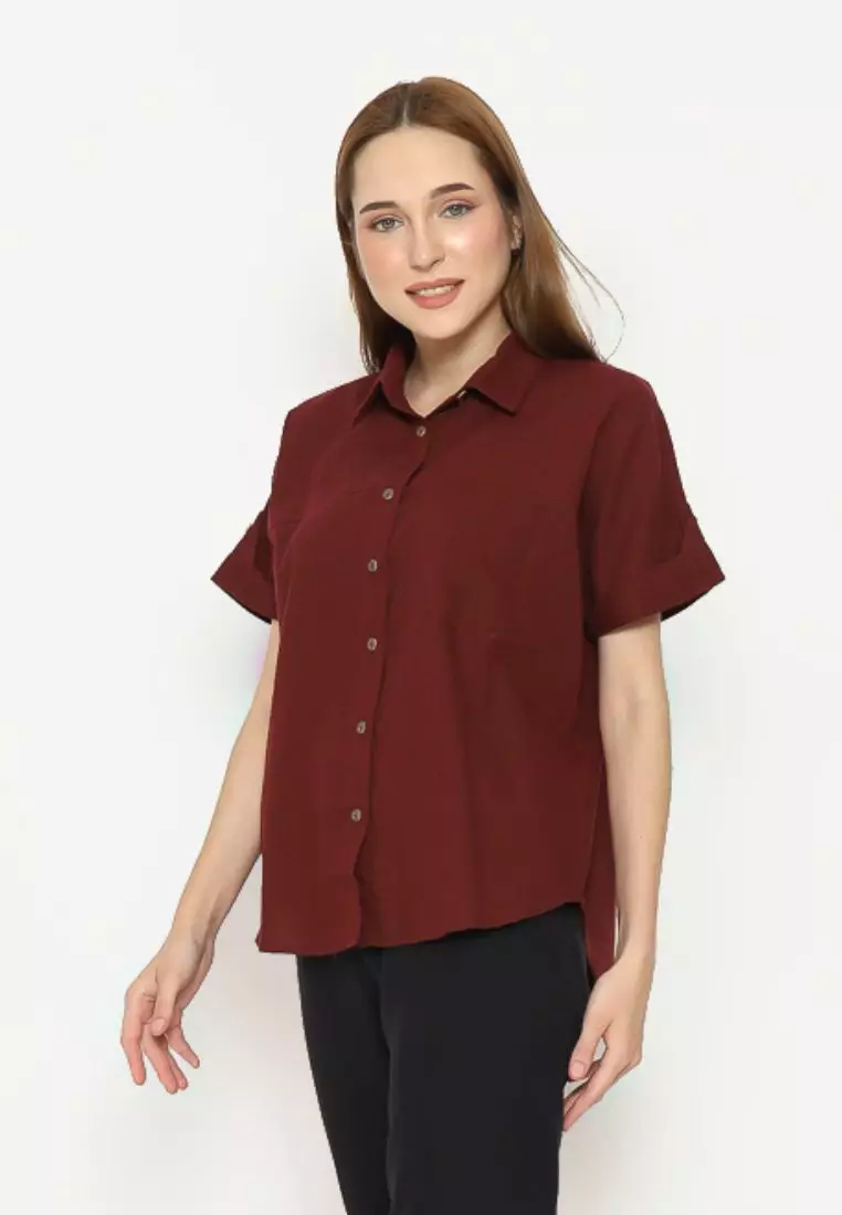 Urban Exchange Kemeja Alisha Maroon - Kemeja Basic Lengan Pendek