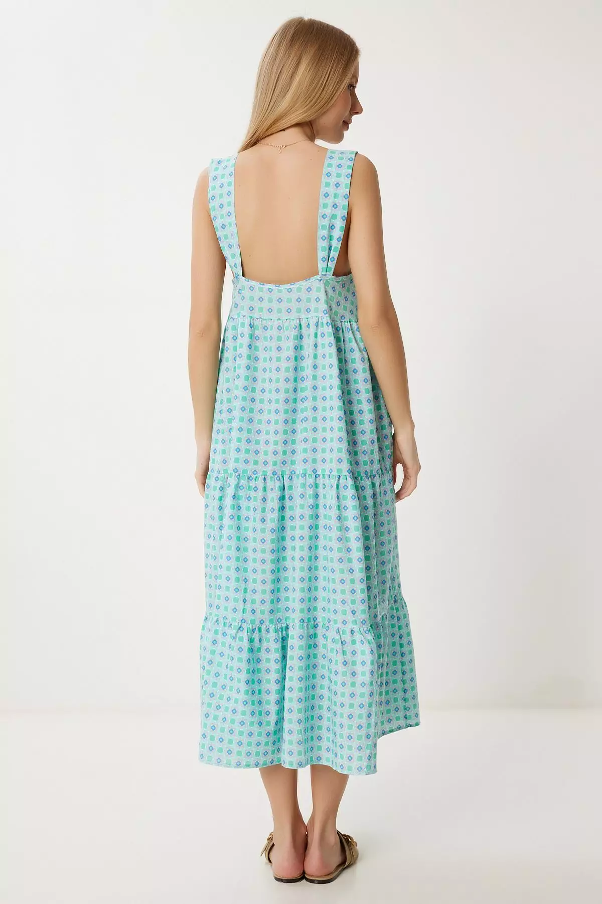 Women's Mint Green Patterned Flounced Summer Dress Fk00024