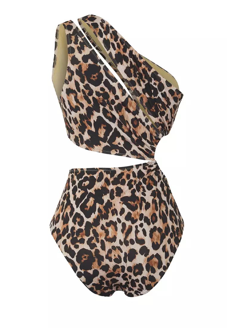 Leopard Print One Shoulder Tunnel Cut Out/Windowed Regular Core Swimsuit TBESS23MA00206
